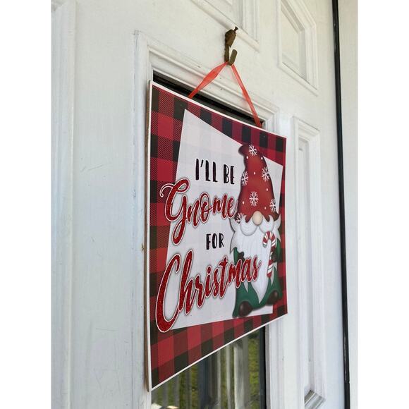 Red black buffalo check plaid ill be gnome for christmas hanging Wall Door sign - Picture 5 of 5